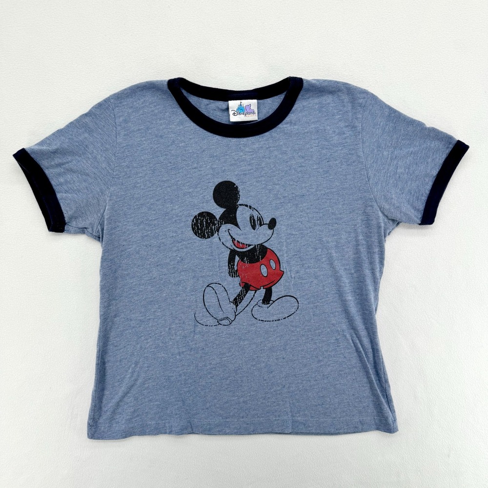 Vintage Disneyland Ringer TShirt Women Medium Blue Mickey Mouse Retro Distressed